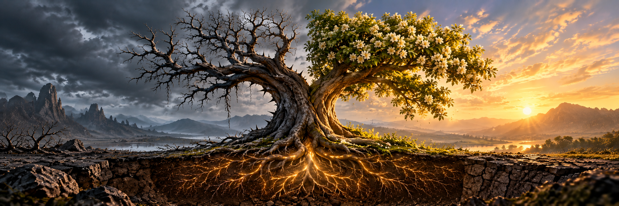 A single tree split into a golden, blossoming half and a withered, ashen half, sharing one root