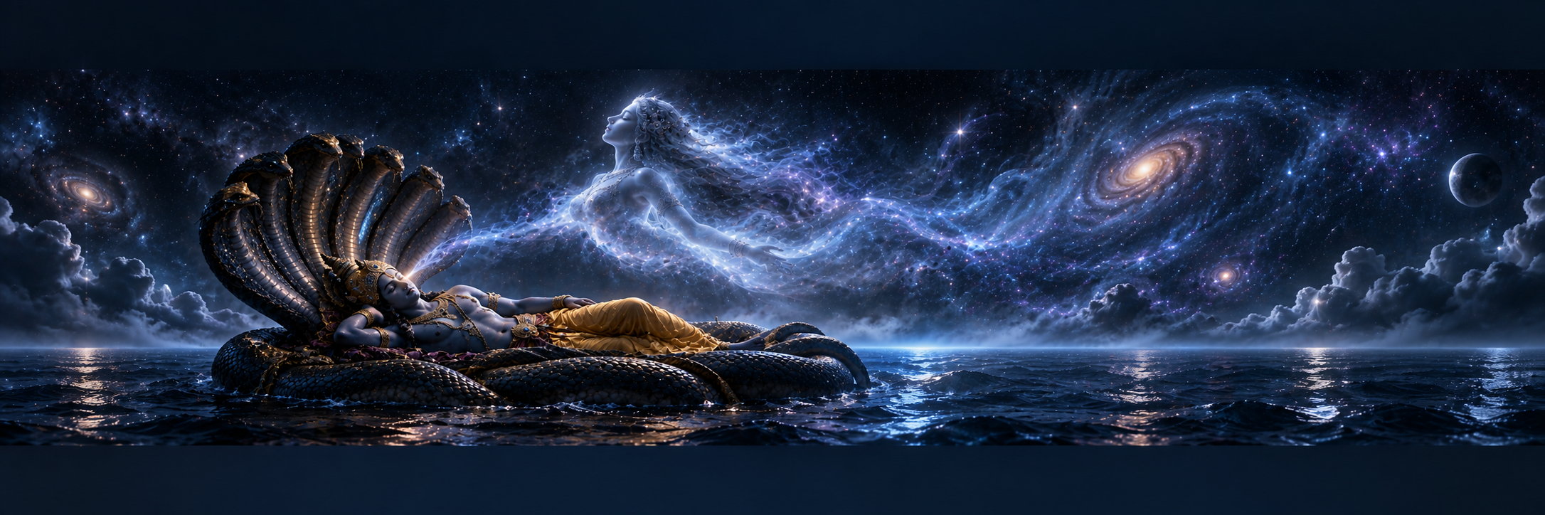 A veiled misty feminine figure rising from the closed eyes of a divine figure sleeping on a cosmic ocean