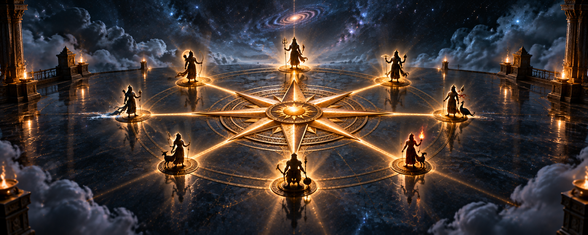A glowing eight-pointed compass rose viewed from above, with a distinct silhouetted deity figure standing at each point