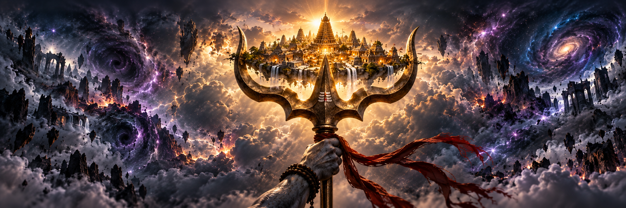 A small glowing ancient city balanced on the tip of a trident against a dissolving stormy sky
