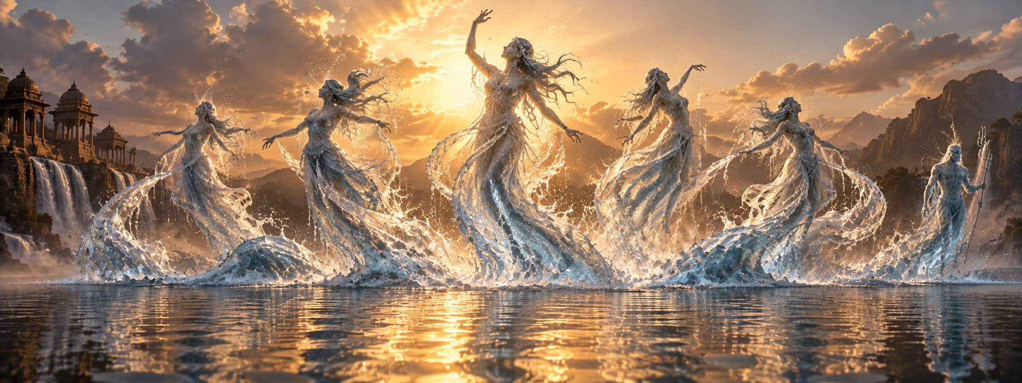 Ribbons of river water rising and resolving into feminine silhouettes made of flowing water and light
