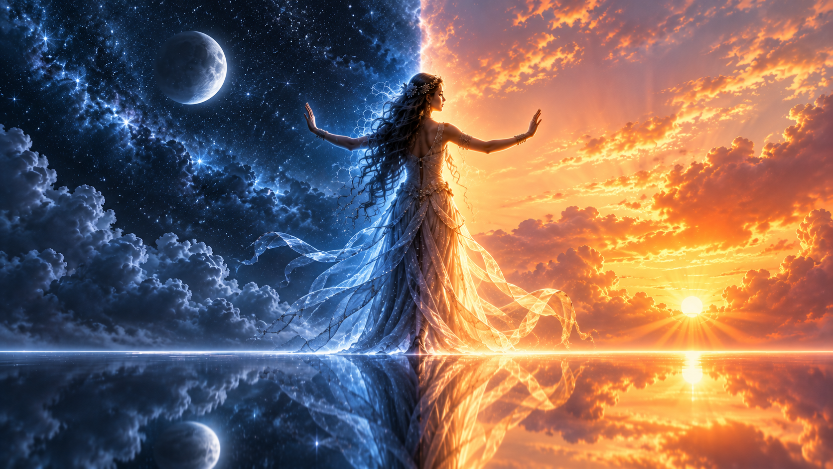 A feminine silhouette standing on the exact line between a warm dawn sky and a dark starry night sky