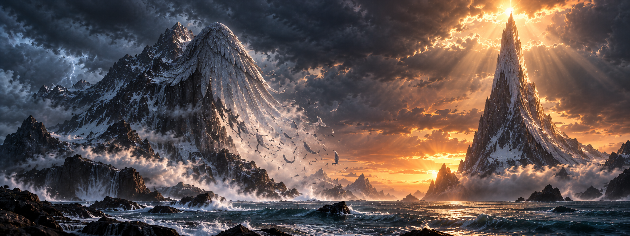 A mountain peak with faint feathered wings folded against its slopes beside a stormy ocean, another peak stretching unnaturally tall in the distance