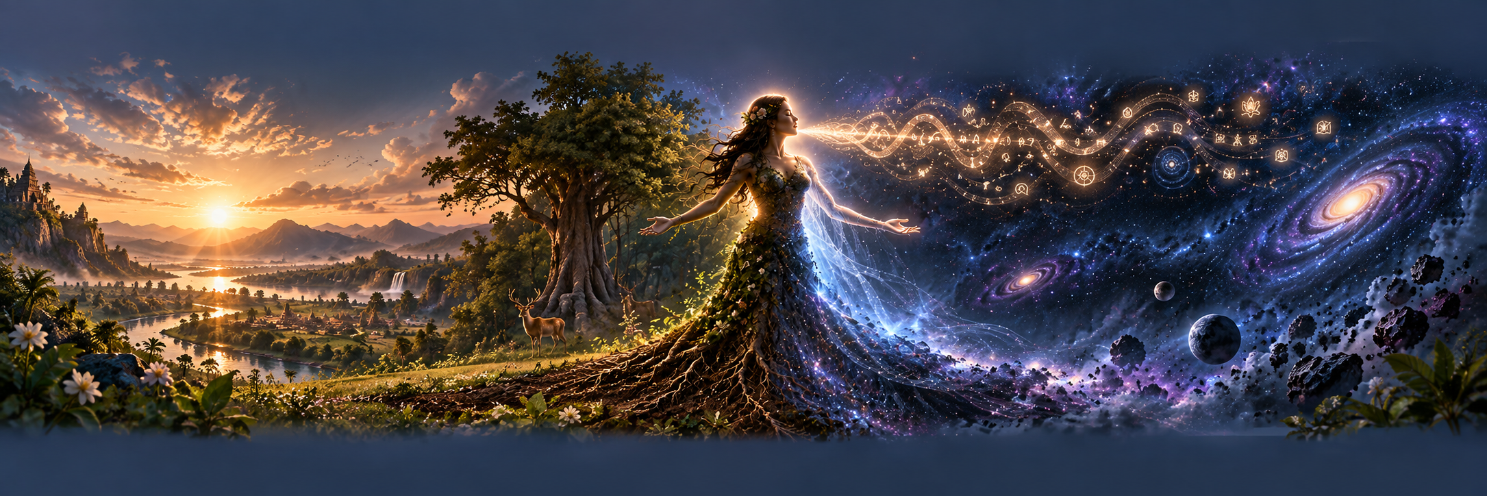 A feminine silhouette formed of sound waves standing at the boundary between cultivated earth and wild forest