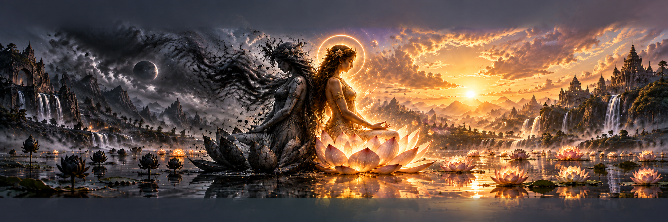 Two mirrored feminine figures back to back, one golden and radiant on a blooming lotus, the other ashen on a withered lotus