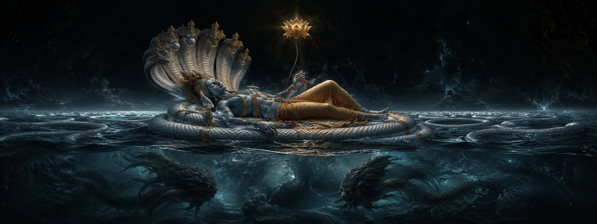 Vishnu in cosmic sleep on Ananta-Shesha — the universe before creation resumes