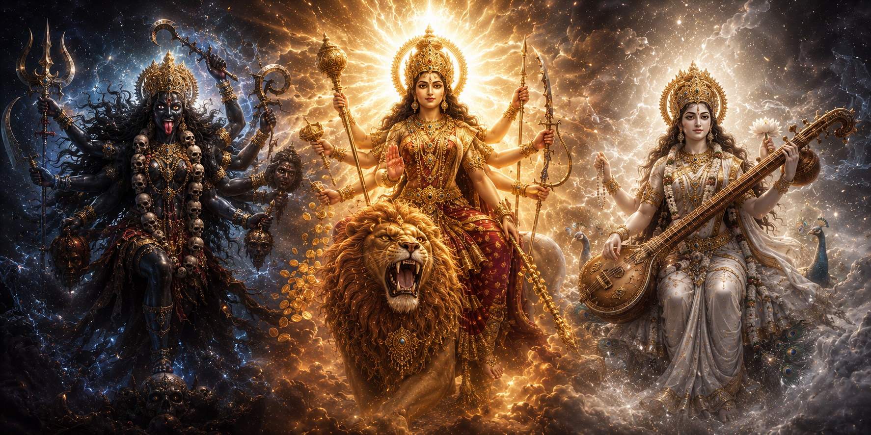 The three presiding goddesses — Mahakali, Mahalakshmi, Mahasaraswati