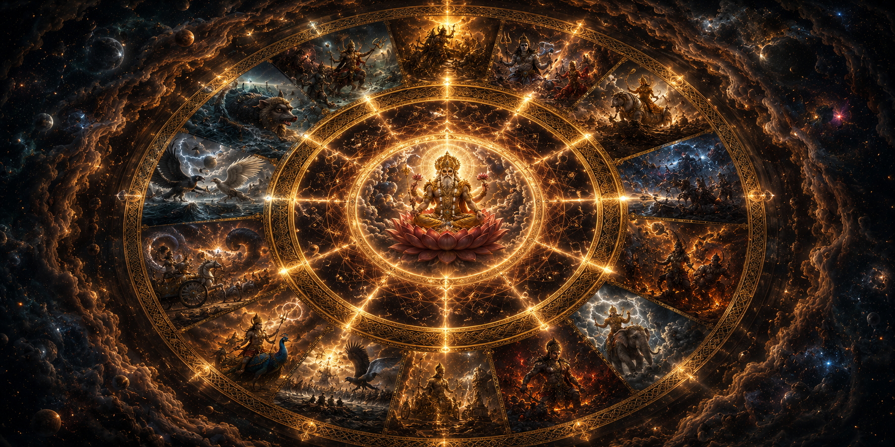 The Varaha Kalpa cosmic cycle — twelve wars arranged as a mandala