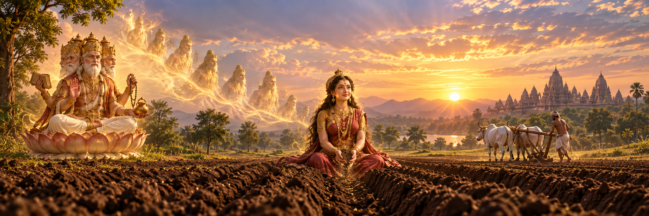 A radiant figure sitting cross-legged on a lotus emerging from a furrow in bare earth, faint mind-born silhouettes rising from a seated four-headed figure in the background