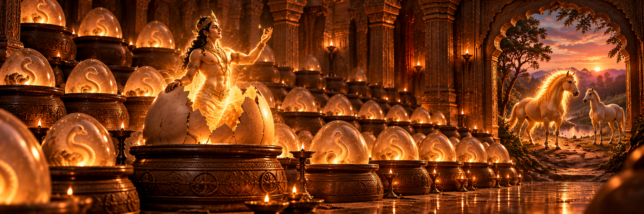 A chamber of warm clay jars holding glowing eggs, a cracked egg with a half-formed figure emerging, and a mare and stallion at a forest's edge