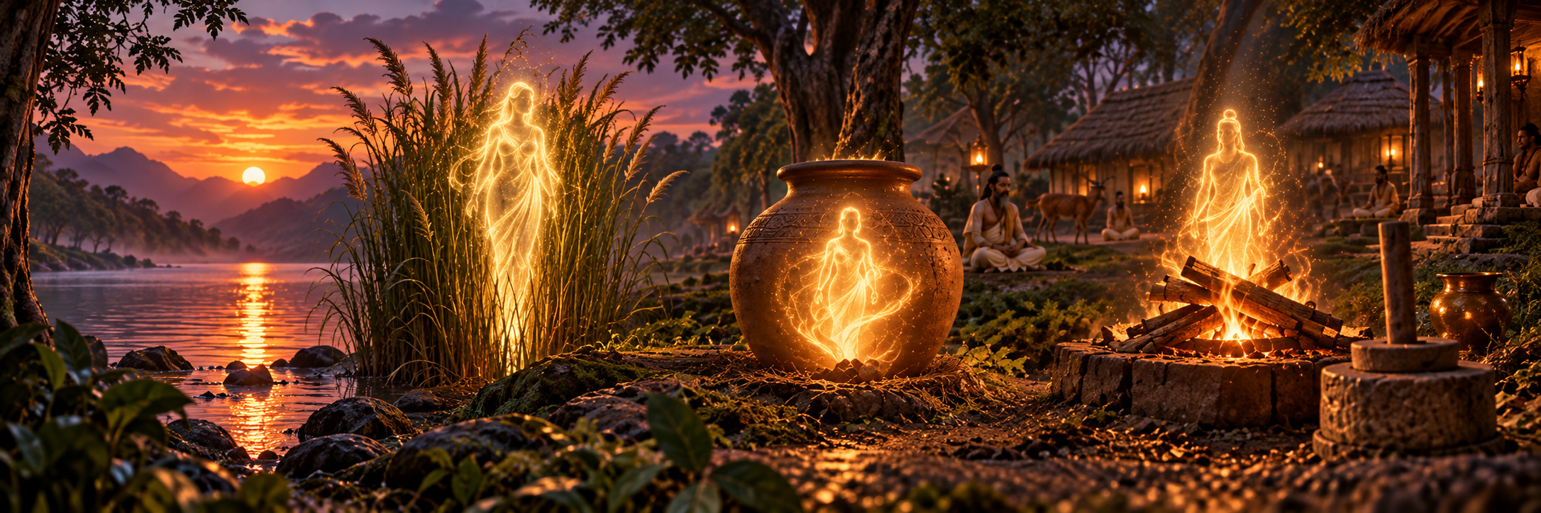 A glowing clay vessel, a reed clump, and a piece of sacrificial fire-wood arranged together, each faintly outlined with the silhouette of an infant within