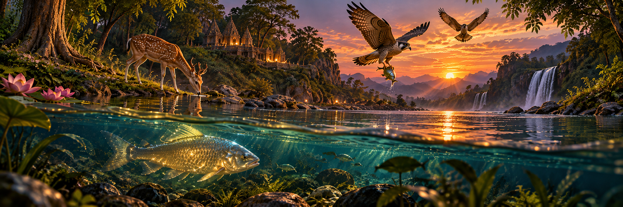 A river fish glowing faintly from within, a doe standing at a forest pool, and a distant falcon carrying a wrapped leaf packet over water