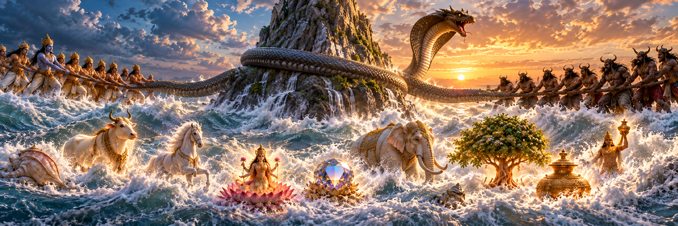 A churned ocean of milk with a great serpent wound around a central mountain, luminous emergent figures and objects rising from the foam