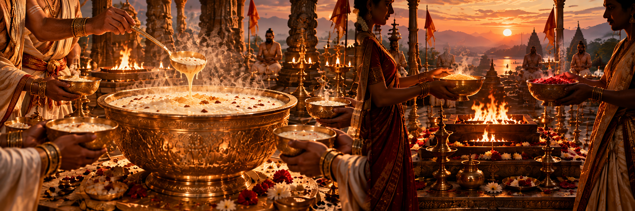 A golden bowl of consecrated payasam split into portions, and a second bowl holding two mismatched glowing charus about to be exchanged