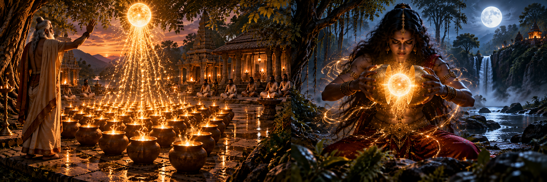 A single mass of flesh dividing into many small glowing jars, beside a fruit split in two halves being pressed back together by a shadowy female figure