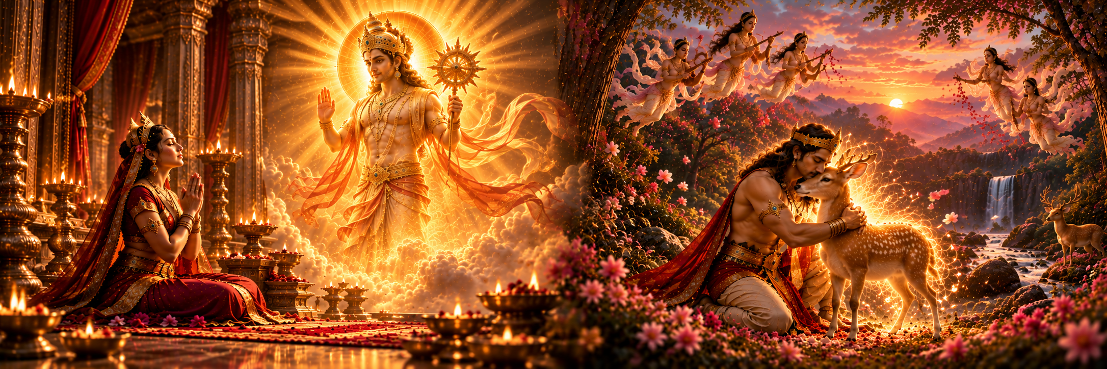 A queen in meditative invocation as a luminous deity manifests in answer, beside a forest clearing where a doe embraced by a king gives birth in an instant of golden light