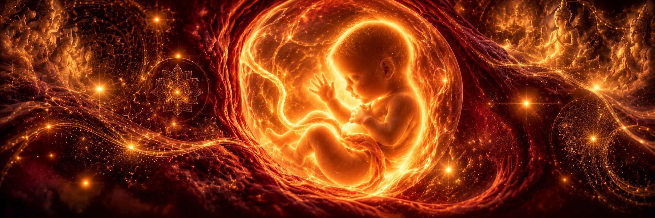 A translucent, already-aware fetus glowing faintly within a womb, one hand raised as if speaking, faint script and starlight suggested in the surrounding darkness